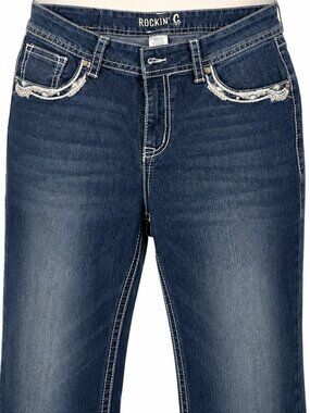 Rockin G Womens Jeans Sz 32 Cross Bling Pockets, 30.5” Inseam, Denim Cowgirl C